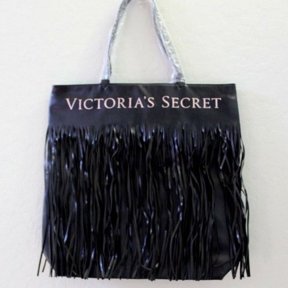 Victoria's Secret Flirty Fringe Faux Leather Logo Black Tote - Picture 1 of 4